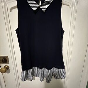 LOFT Black Blouse with Striped Collar and Hem